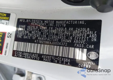 2018 Toyota Camry Hybrid Xle z USA, uszkodzony, nr VIN 4T1B21HK4JU006372